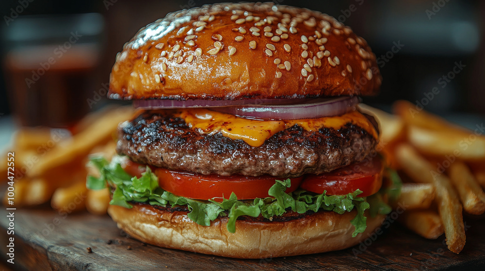 Close up of a juicy cheeseburger with fries. Close up of a juicy cheeseburger with fries.