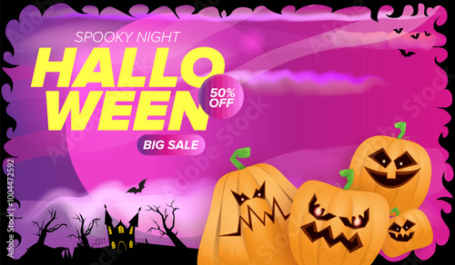 Halloween big sale banner with funky scary pumpkins, castle, graveyard on night spooky background. Halloween sale poster design template