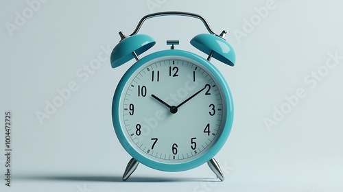 A blue analog alarm clock with silver accents on a light blue background. The time is 959.