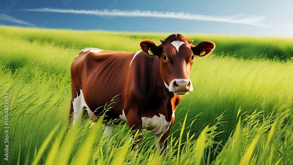Cow in a Field of Tall Grasses presents a serene and captivating scene that encapsulates the beauty of rural life. The image features a cow standing gracefully amidst tall, swaying grasses. Cow in a Field of Tall Grasses presents a serene and captivating scene that encapsulates the beauty of rural life. The image features a cow standing gracefully amidst tall, swaying grasses.