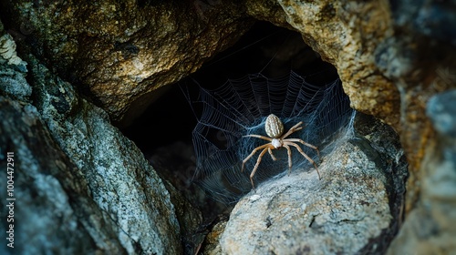 37. A subterranean spider weaving a web in a rocky cave photo