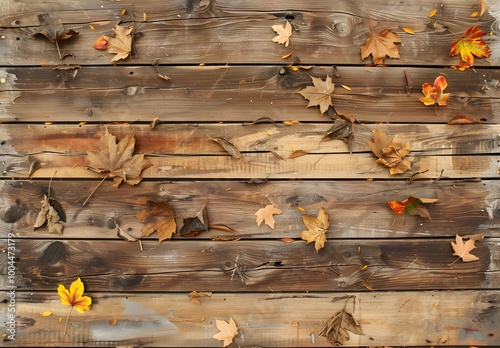 Autumn Leaves on Rustic Wooden Plank Background