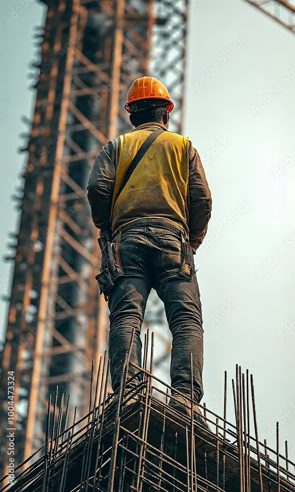 On a building site, a man constructor operates an excavator or crane. On a building site, a man constructor operates an excavator or crane.