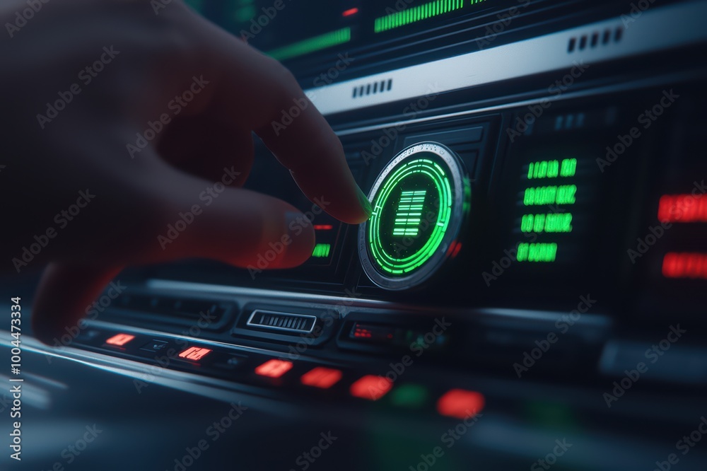 A close-up of a hand adjusting a control knob on a high-tech audio device with vibrant lights. A close-up of a hand adjusting a control knob on a high-tech audio device with vibrant lights.