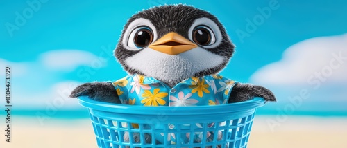 A cute penguin in a colorful shirt inside a blue basket, set against a vibrant beach background. photo