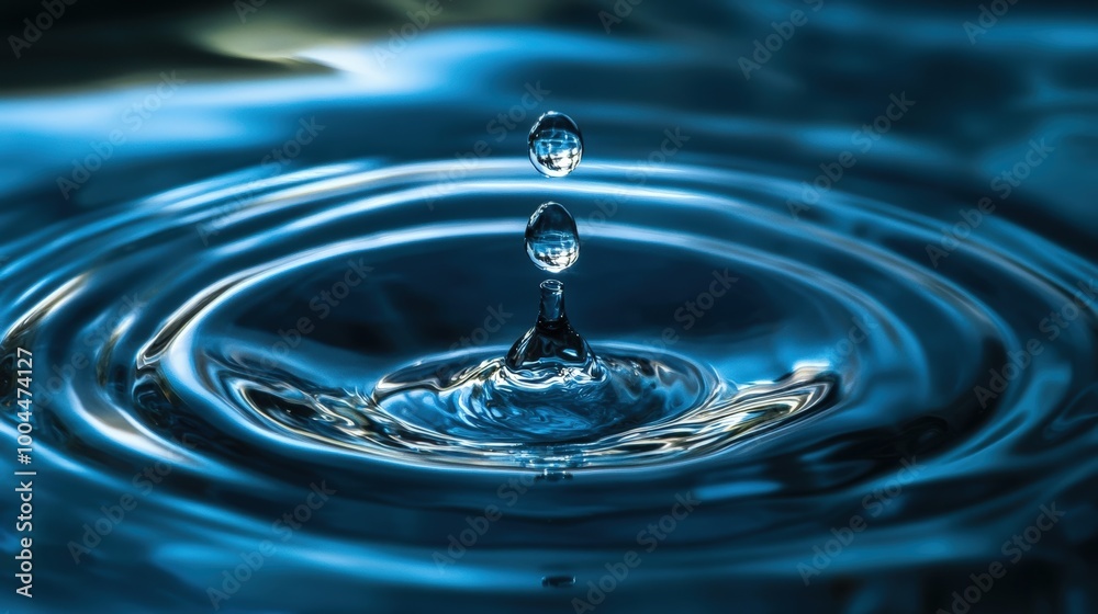 A clear water droplet falls onto a still blue surface, causing concentric ripples that radiate outward, reflecting light and enhancing the serene atmosphere A clear water droplet falls onto a still blue surface, causing concentric ripples that radiate outward, reflecting light and enhancing the serene atmosphere