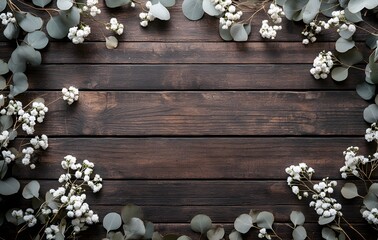 Rustic Wooden Background with Eucalyptus and Flowers