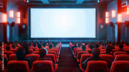 Cinema experience blank wide screen with red chairs and blurred silhouettes of audience in a movie hall