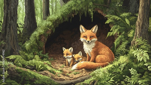 48. A burrow of a fox with its young in a forest