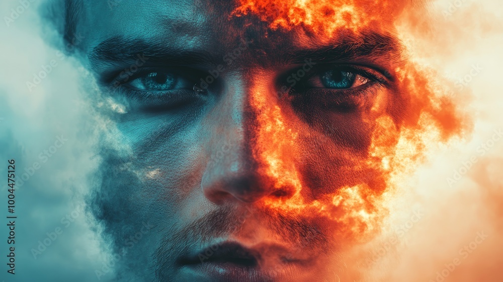 A man's face is shown with a fire in the background A man's face is shown with a fire in the background