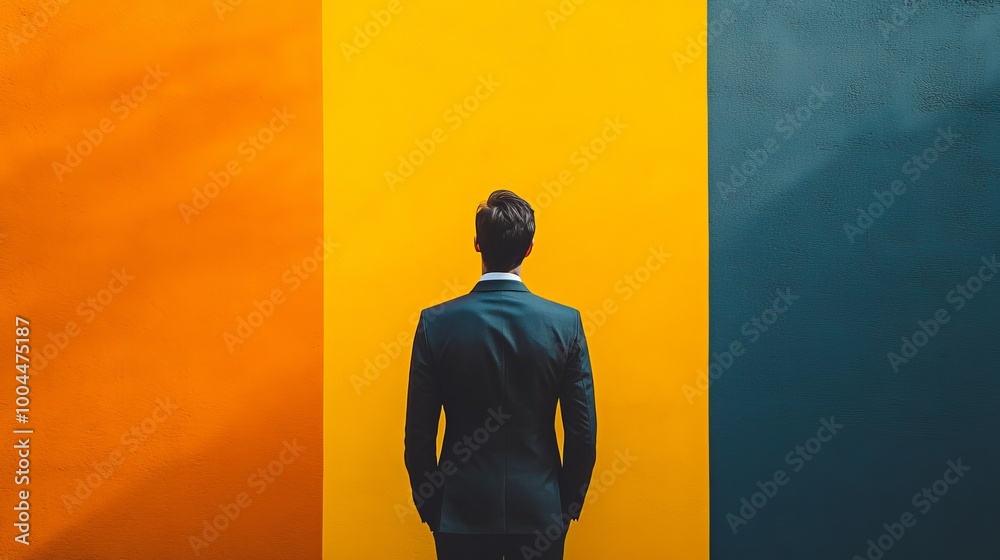 A man in a suit stands in front of a yellow wall