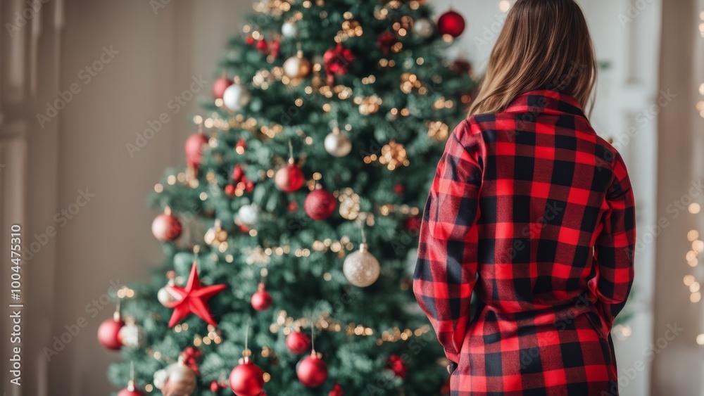 woman decorating christmas tree woman decorating christmas tree