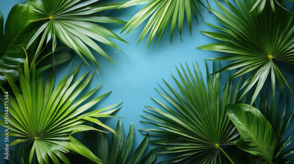 Lush green palm leaves arranged on a blue backdrop