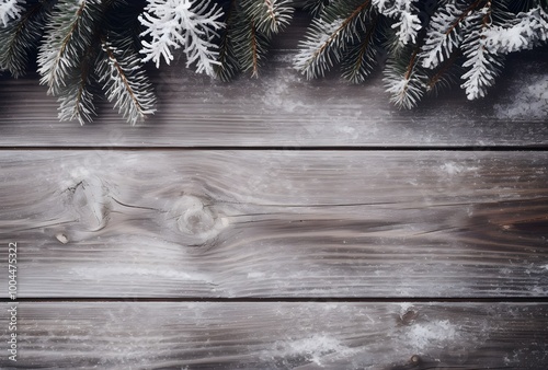 Rustic Wooden Background with Snowy Pine Branches for Christmas