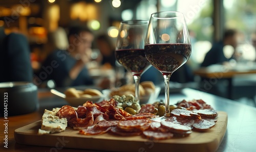 Elegant Dining Experience with Red Wine and Charcuterie Board, AI generated illustration