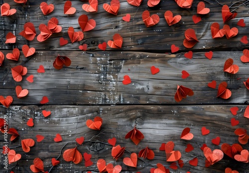 Rustic Wooden Background With Red Paper Hearts For Valentines Day