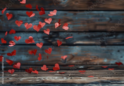 Rustic Wooden Background with Falling Hearts for Valentine's Day