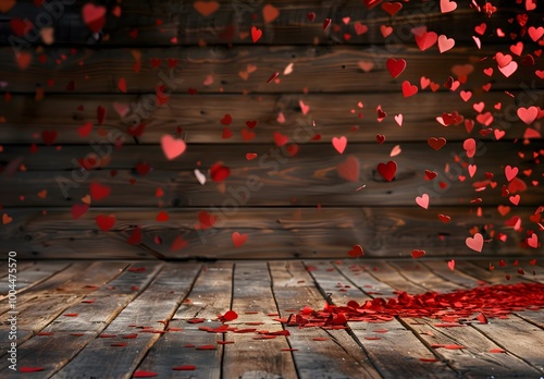 Rustic Wooden Background with Falling Red Hearts