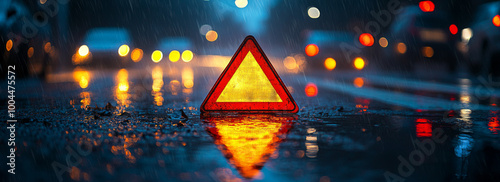 Close-up of an emergency triangle sign on the road at night in heavy rain, with reflections and blurred lights in the background. High-resolution photography, insanely detailed.