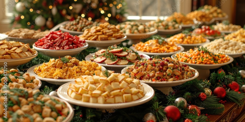 An elaborate festive buffet table overflowing with a variety of delicious and colorful holiday dishes, including appetizers, main courses, and desserts, beautifully adorned with holiday decorations