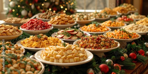 An elaborate festive buffet table overflowing with a variety of delicious and colorful holiday dishes, including appetizers, main courses, and desserts, beautifully adorned with holiday decorations