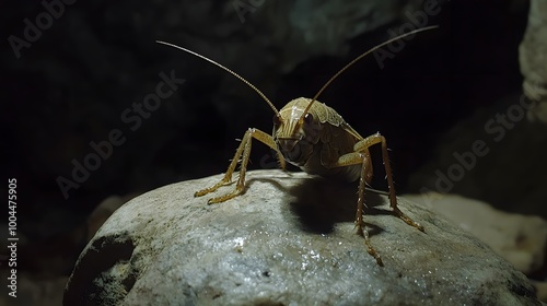 54. A cave cricket perched on a rock in a dark cave photo