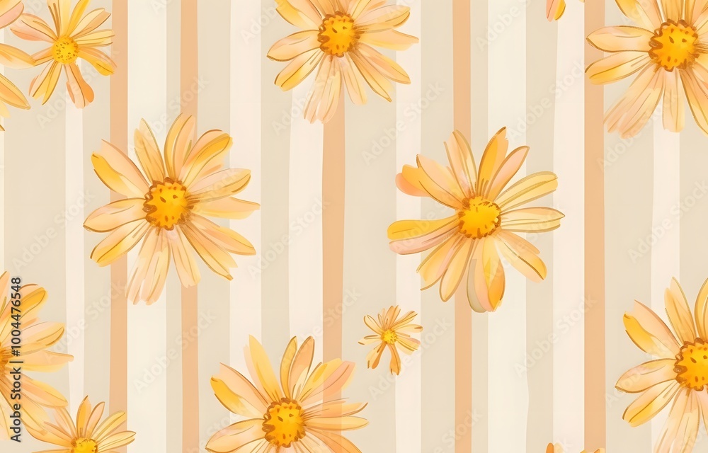 Seamless Yellow Daisy Pattern on Striped Background Seamless Yellow Daisy Pattern on Striped Background