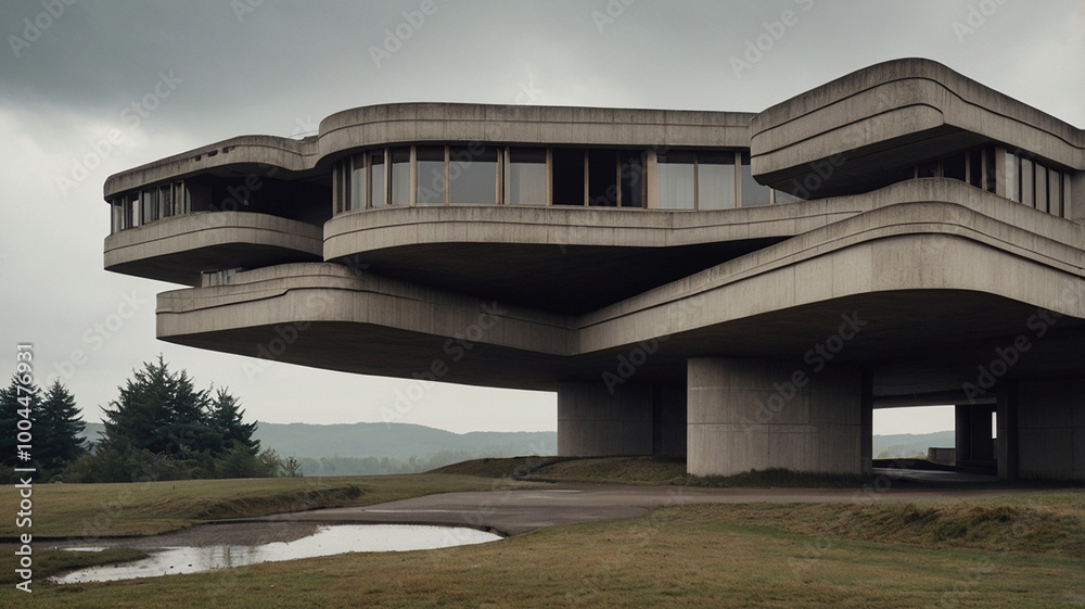 Abandoned brutalist structures with strong, concrete walls and pillars, massive buildings on a gloomy day that look terrifying Abandoned brutalist structures with strong, concrete walls and pillars, massive buildings on a gloomy day that look terrifying