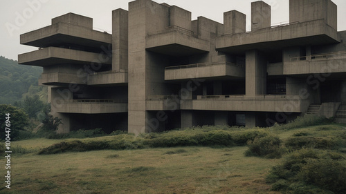 Abandoned brutalist structures with strong, concrete walls and pillars, massive buildings on a gloomy day that look terrifying 