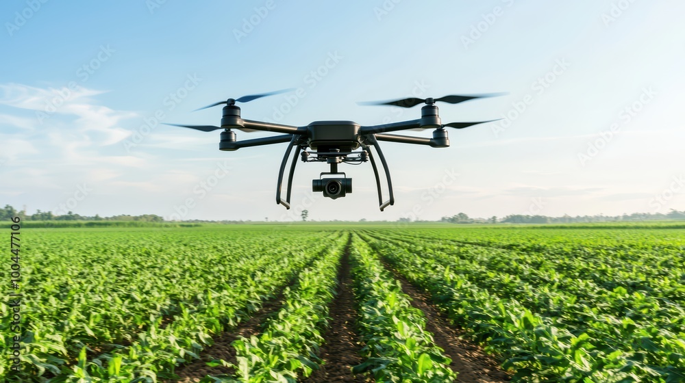Drone flying over a lush green field, capturing aerial views for agricultural analysis. Drone flying over a lush green field, capturing aerial views for agricultural analysis.