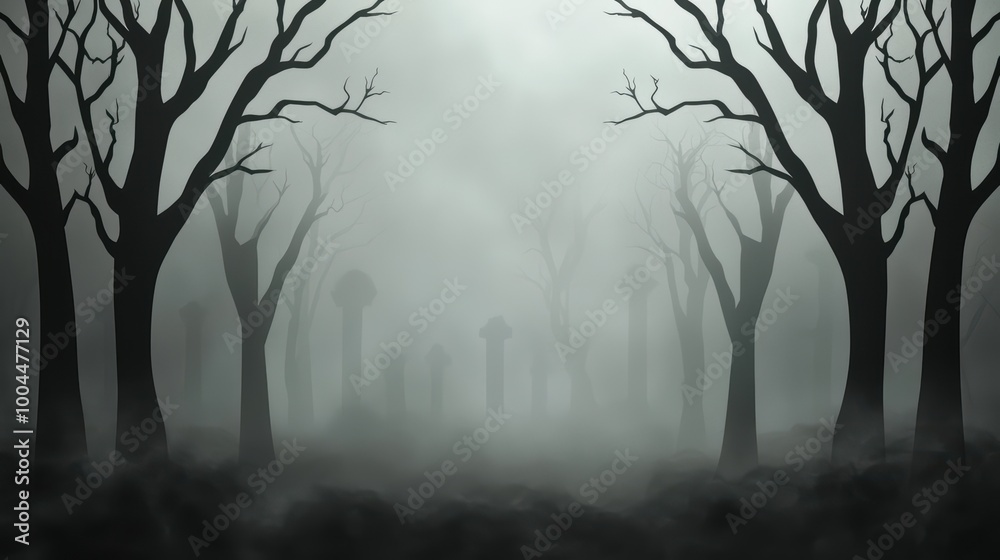 Eerie forest scene with fog and silhouettes of dead trees, creating a mysterious and haunting atmosphere.