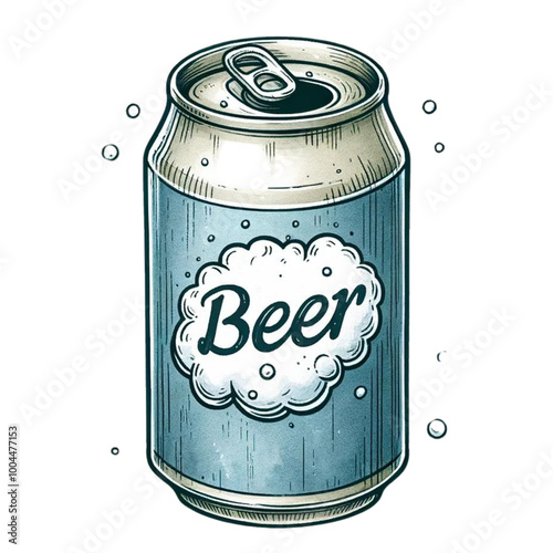 Vintage Beer Can Illustration with Water Bubbles