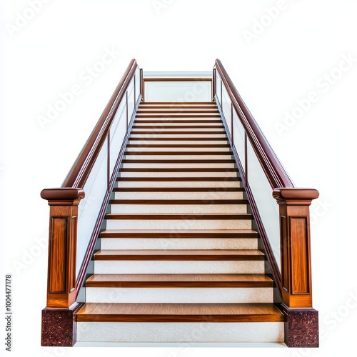 Elegant wooden staircase with glass railing, white isolate background