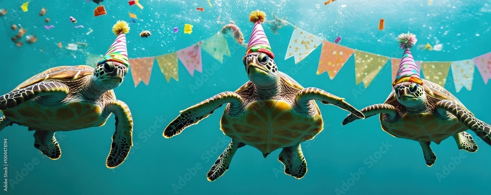 Naklejka premium Playful Sea Turtles with Festive Party Hats Underwater