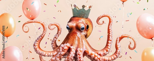 Glittery Octopus Celebrating with Party Balloons photo