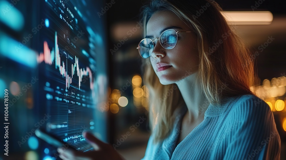 Woman Analyzing Data on Digital Screen at Night Woman Analyzing Data on Digital Screen at Night
