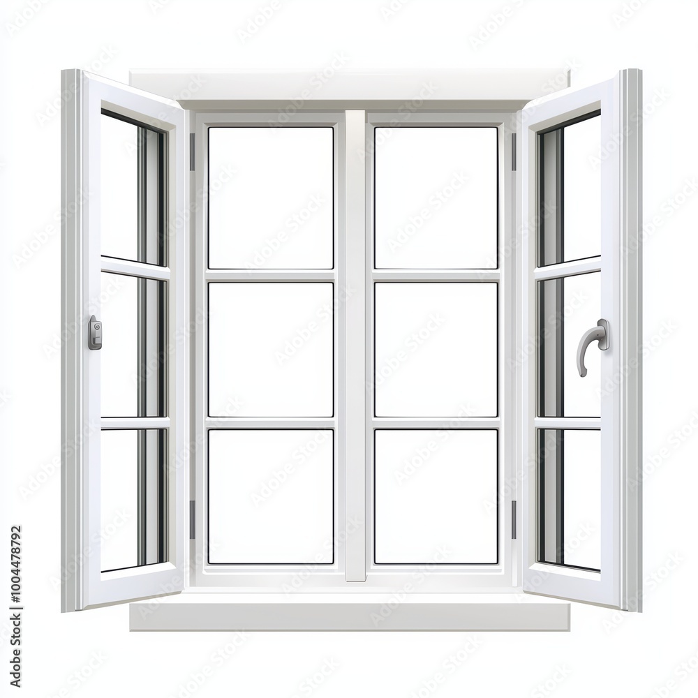 Open white window with multiple panes on a clean background. Open white window with multiple panes on a clean background.