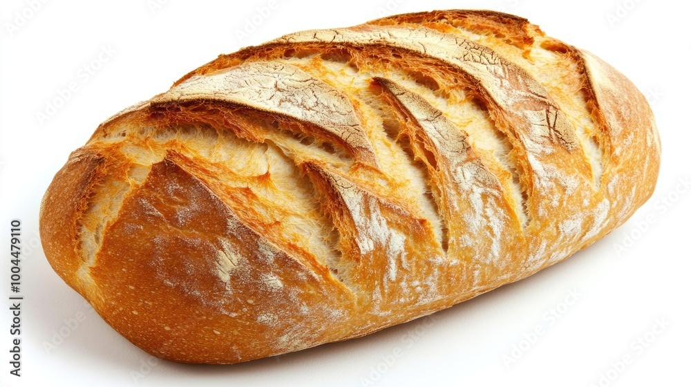 A loaf of artisan bread resting on a plain white background, showcasing its rustic texture and homemade appearance in a simple setting. A loaf of artisan bread resting on a plain white background, showcasing its rustic texture and homemade appearance in a simple setting.