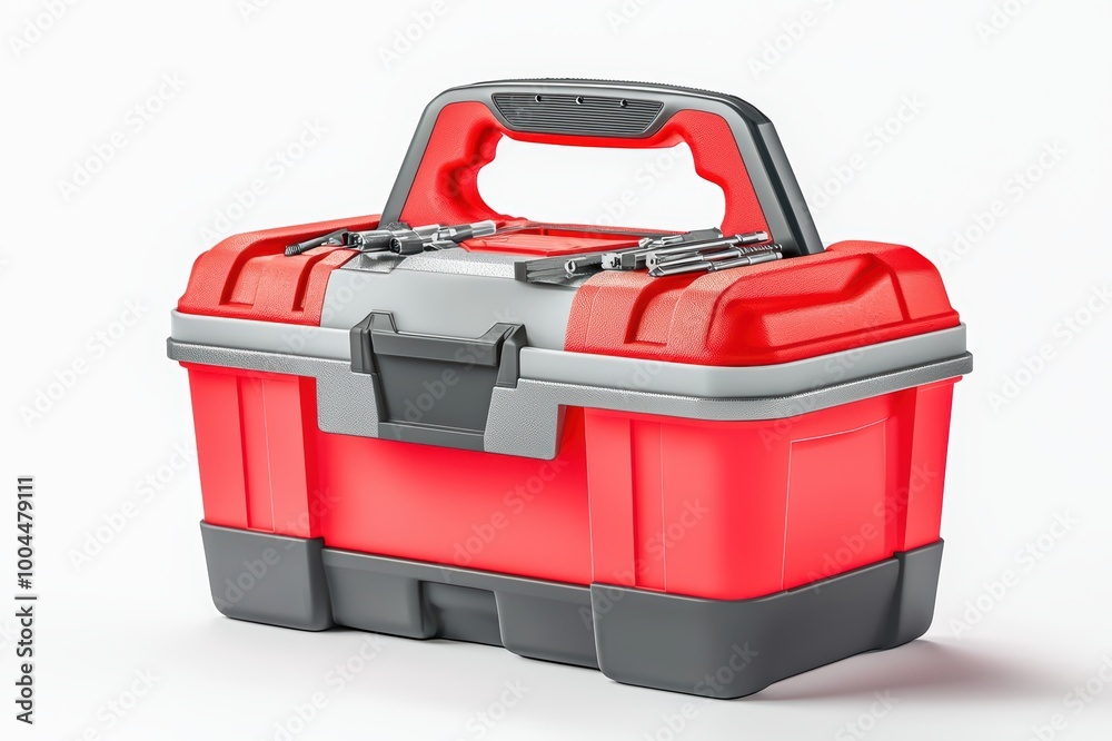 Red toolbox with gray accents, ideal for storage and organization of tools, white isolated background. Red toolbox with gray accents, ideal for storage and organization of tools, white isolated background.