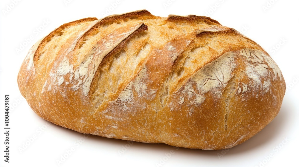 A loaf of artisan bread resting on a plain white background, showcasing its rustic texture and homemade appearance in a simple setting. A loaf of artisan bread resting on a plain white background, showcasing its rustic texture and homemade appearance in a simple setting.