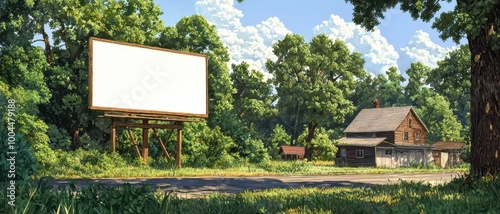 Rustic house near a blank billboard surrounded by lush greenery and trees under a bright blue sky.