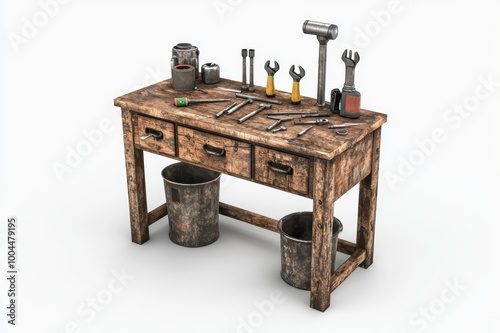 Rustic workbench with various tools and buckets, isolated on a white background.