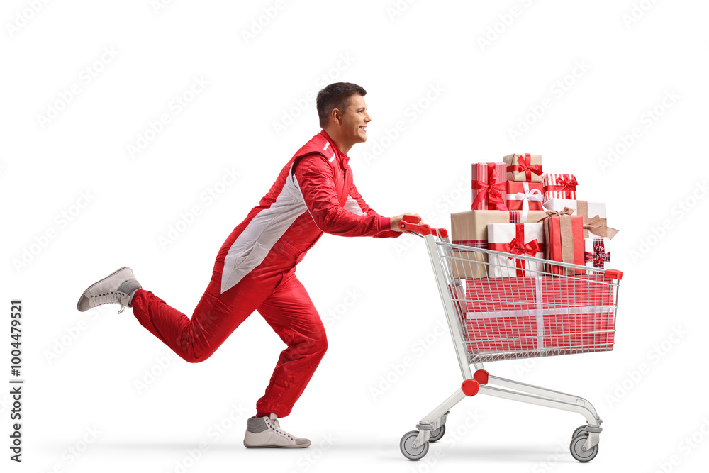 Car racer running with presents in a shopping cart Car racer running with presents in a shopping cart