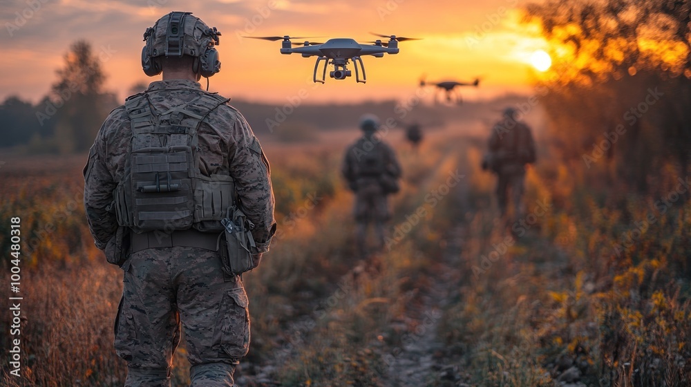 Soldiers operating drones at sunset in a rural setting. Soldiers operating drones at sunset in a rural setting.