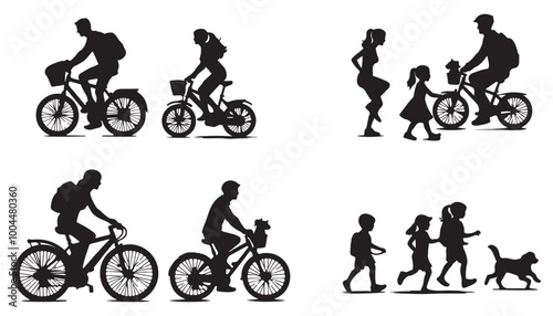 Parent and children cycling together with dogs side view vector illustration black and white art design