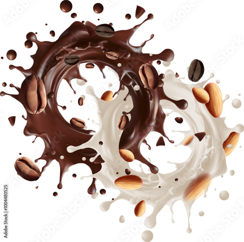 Almond milk mixed with coffee milk splash on background. Vector illustration. Ready to use for your design, presentation, promo, ad. Mesh gradient wes used