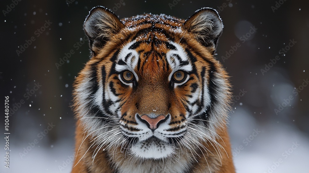 A majestic tiger gazes intensely through falling snow in a serene winter forest setting A majestic tiger gazes intensely through falling snow in a serene winter forest setting