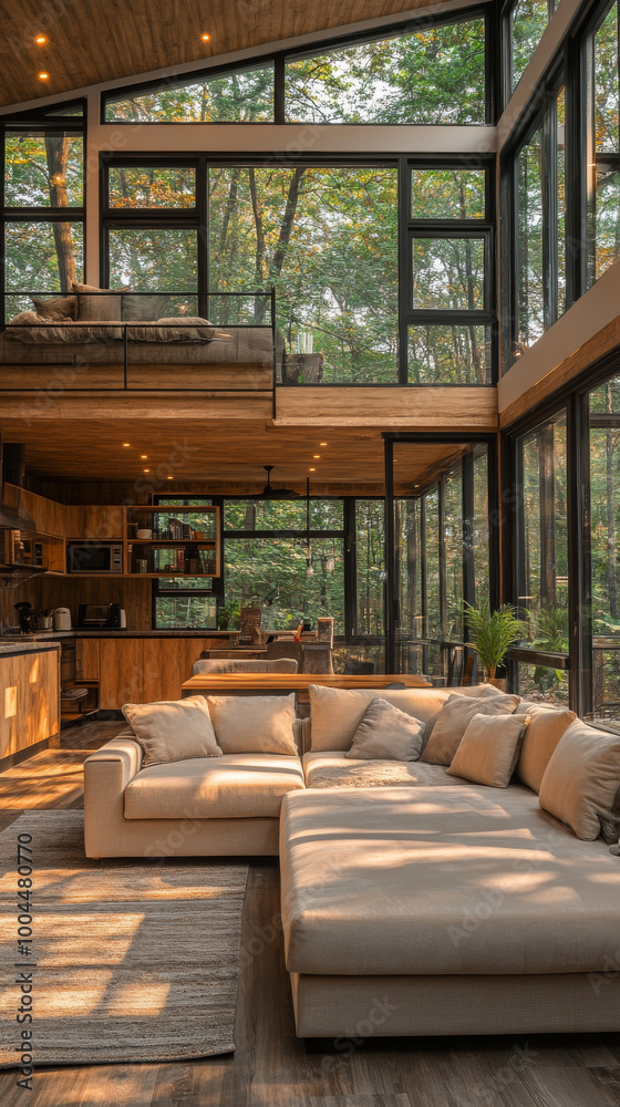 Fototapeta premium Modern sectional sofa in a spacious living room with floor to ceiling windows.