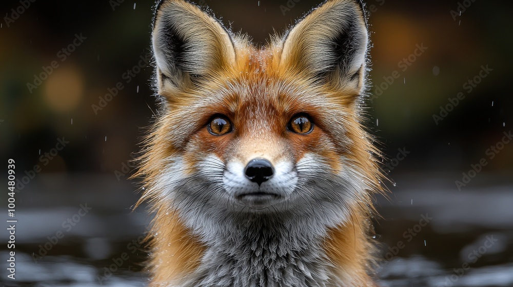 Obraz premium A close-up of a red fox in a forest environment, with droplets of water on its fur, during a misty early morning