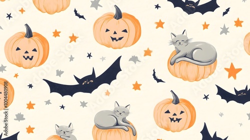 A whimsical Halloween pattern with pumpkins, sleepy cats curled up next to each other, and bats trailing stars in pastel orange on a softly textured cream background